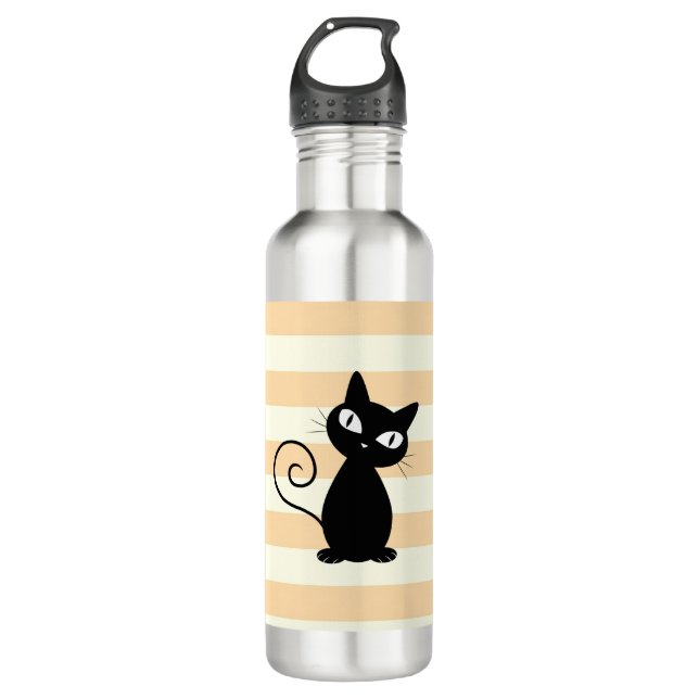 Adorable  Whimsical Black Cat on Stripes 710 Ml Water Bottle (Front)