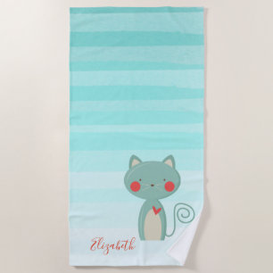 Adorable Whimsical Cartoon Cat   -Personalized Beach Towel