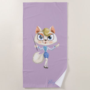 Adorable  Whimsical Cartoon Kitty -Personalized Beach Towel