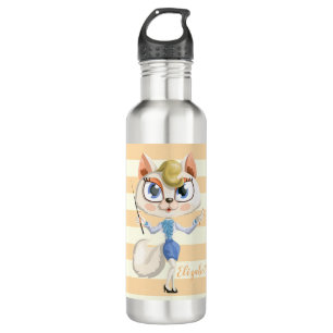 Adorable Whimsical Cat on Stripes-Personalized 710 Ml Water Bottle