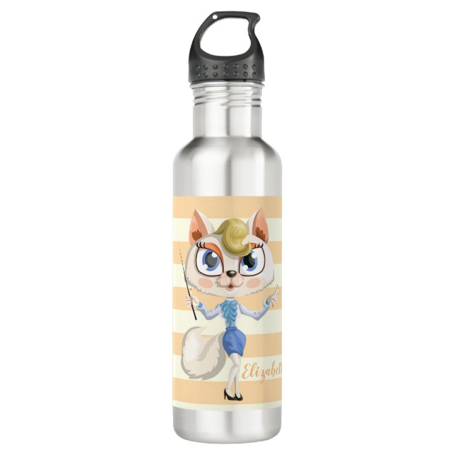 Adorable  Whimsical  Cat on Stripes-Personalized 710 Ml Water Bottle (Front)