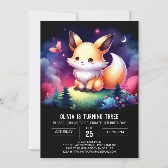 Adorable Whimsy Fox Birthday digital Invitation (Front)