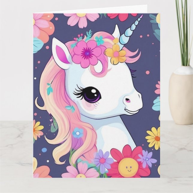 Adorable White Baby Unicorn with Flowers Card (Front)