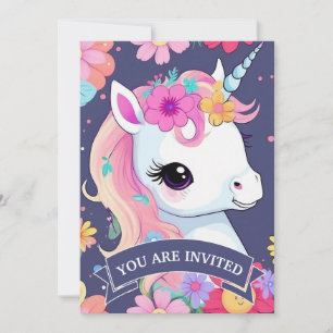 Adorable White Baby Unicorn with Flowers Invitation
