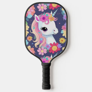 Adorable White Baby Unicorn with Flowers Pickleball Paddle