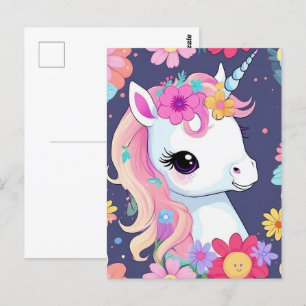 Adorable White Baby Unicorn with Flowers Postcard