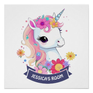 Adorable White Baby Unicorn with Flowers Poster