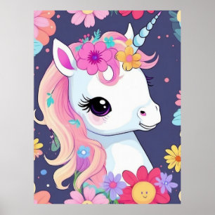 Adorable White Baby Unicorn with Flowers Poster