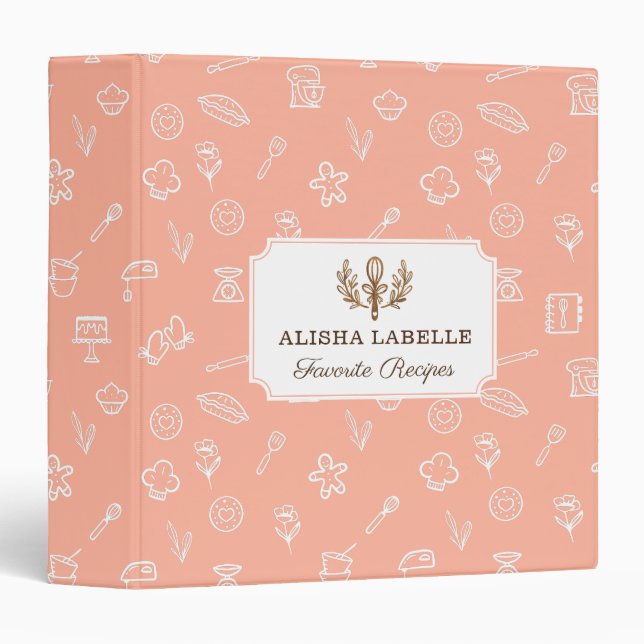 Adorable White Baking Icon Pattern & Whisk Recipe Binder (Front/Spine)