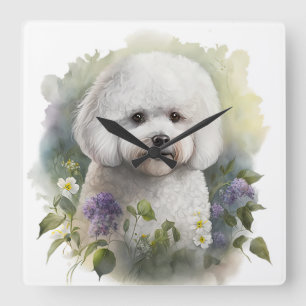 ADORABLE WHITE BICHON FRISE DOG WITH FLOWERS SQUARE WALL CLOCK