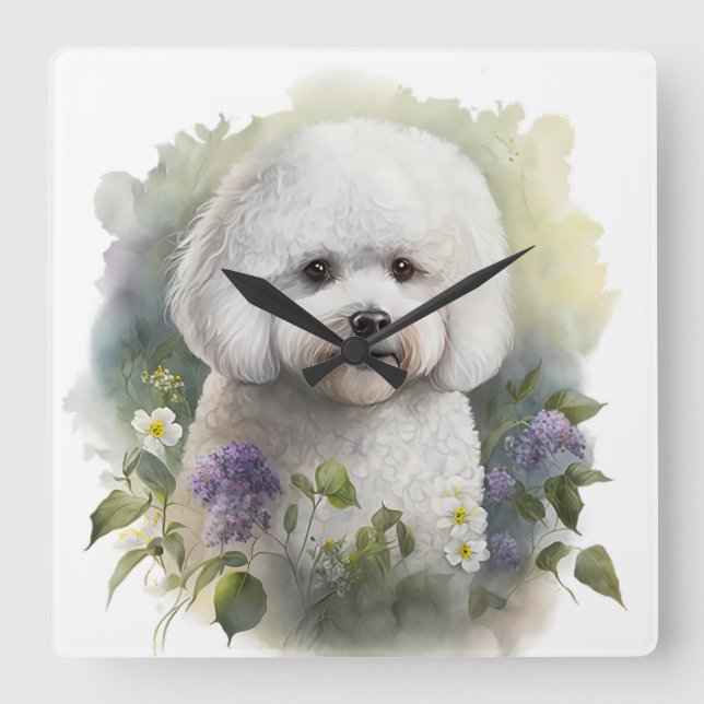 ADORABLE WHITE BICHON FRISE DOG WITH FLOWERS SQUARE WALL CLOCK (Front)
