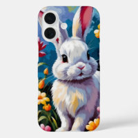 Adorable White Bunny Surrounded by Vibrant Flowers