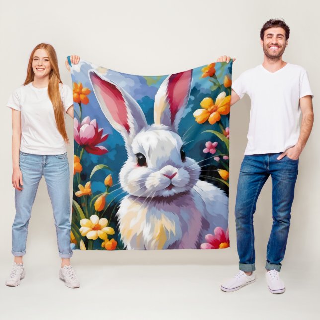 Adorable White Bunny Surrounded by Vibrant Flowers Fleece Blanket (In Situ)