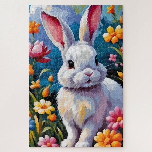 Adorable White Bunny Surrounded by Vibrant Flowers Jigsaw Puzzle (Vertical)