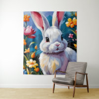 Adorable White Bunny Surrounded by Vibrant Flowers