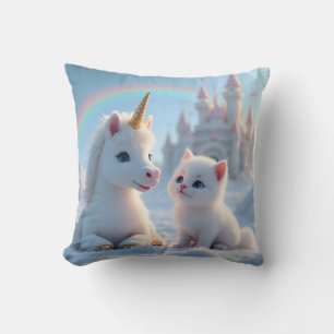 Adorable White Kitten and Baby Unicorn Throw Pillow