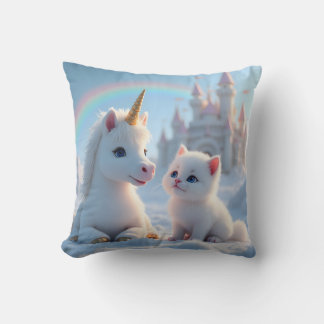 Adorable White Kitten and Baby Unicorn Throw Pillow