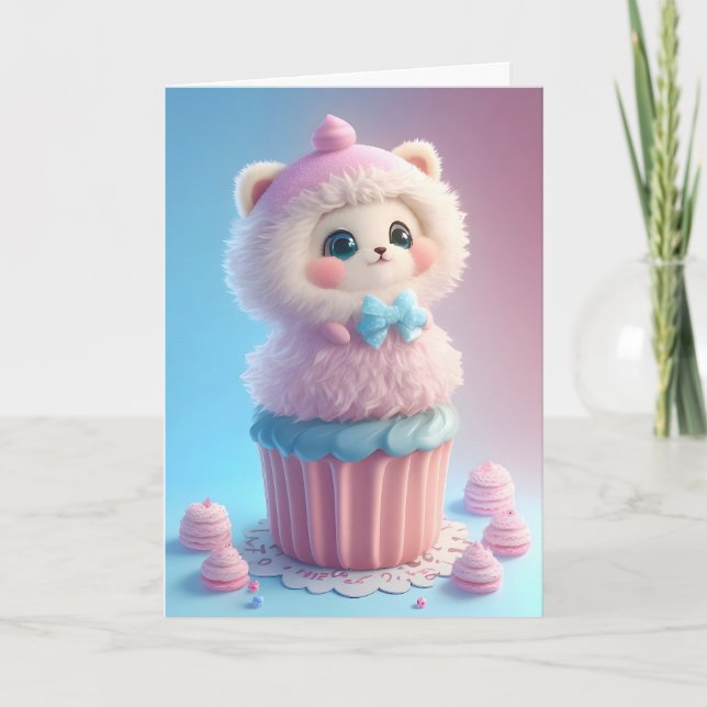 Adorable White Kitten Baking Cupcakes Blank Card (Front)