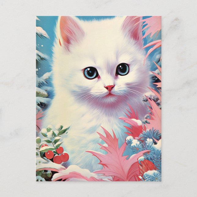 Adorable White Kitten Christmas Postcard – Perfect (Front)