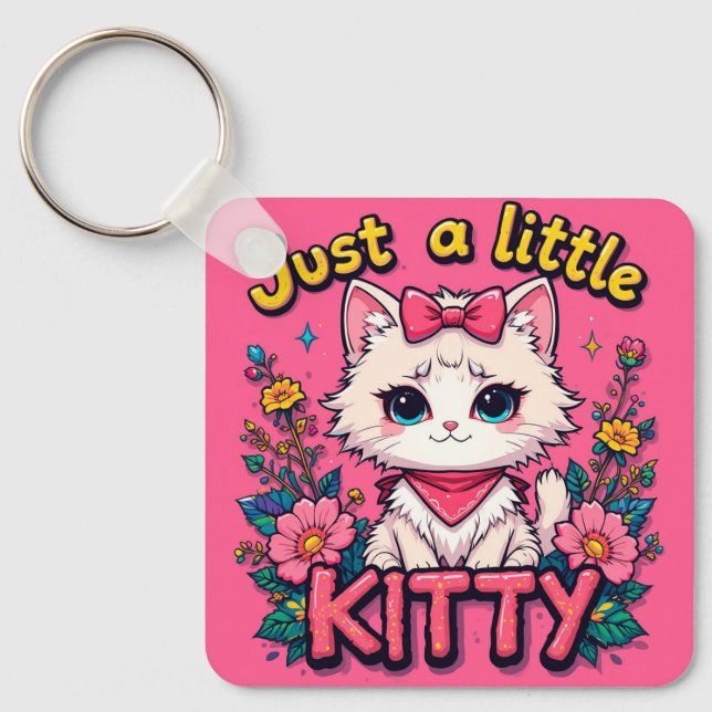 Adorable White Kitten Illustration Keychain (Front)