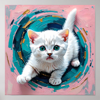Adorable White Kitten in Teal Swirl Poster