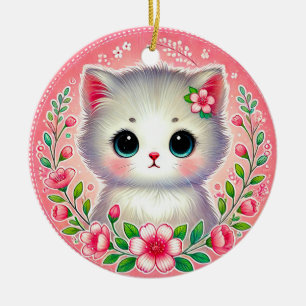 Adorable White Kitten Surrounded by Pink Flowers Ceramic Ornament