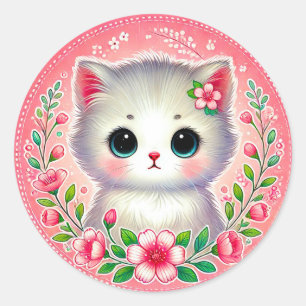Adorable White Kitten Surrounded by Pink Flowers Classic Round Sticker