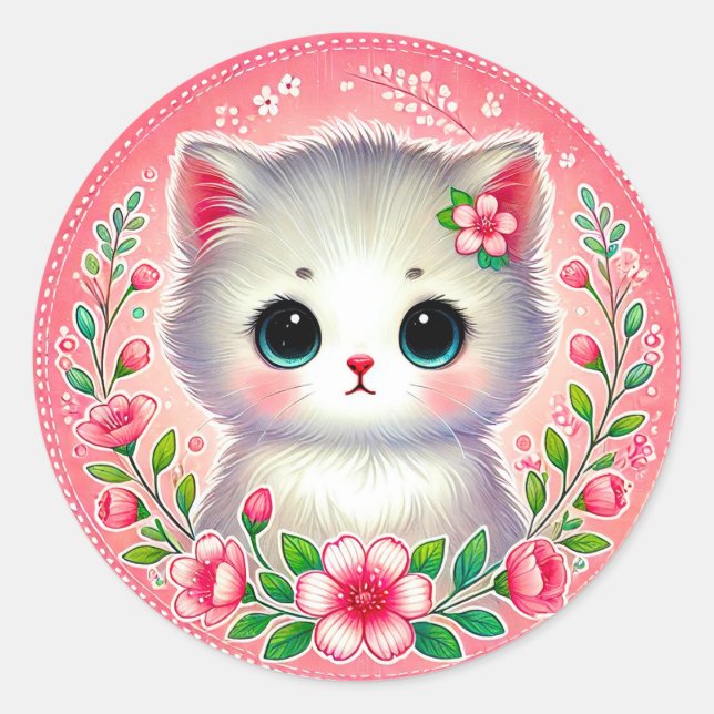 Adorable White Kitten Surrounded by Pink Flowers Classic Round Sticker (Front)