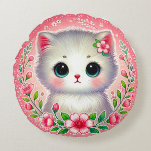 Adorable White Kitten Surrounded by Pink Flowers Round Pillow