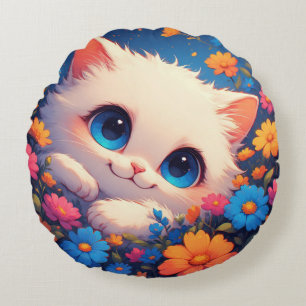 Adorable White Kitten With Bright Blue Eyes Round Pillow