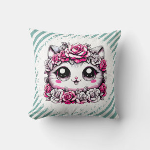 Adorable White Kitten with Rose Crown  Throw Pillow