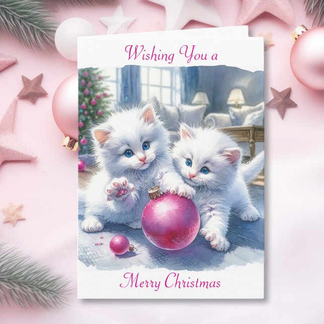 Adorable White Kittens Pink Christmas   Card (Creator Uploaded)