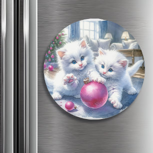 Adorable White Kittens Pink Christmas   Magnet