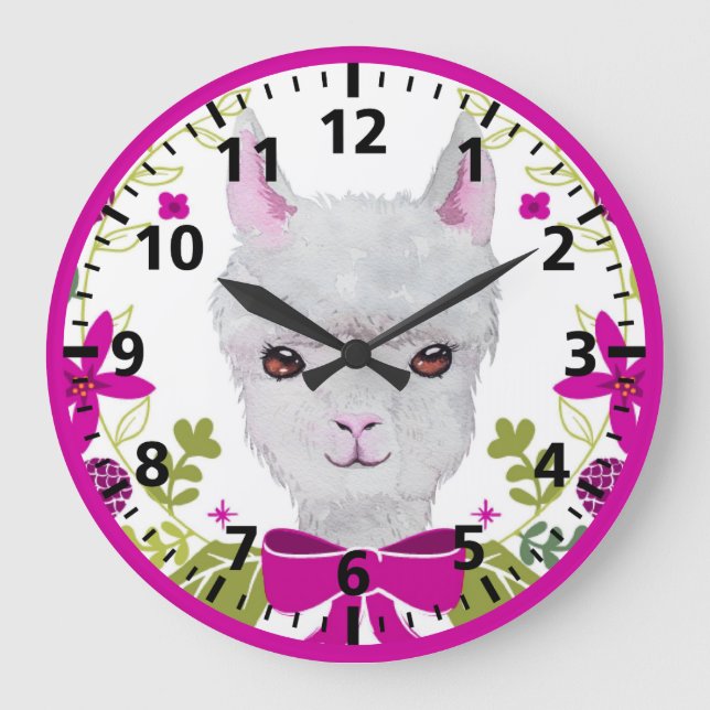Adorable White Llama Face Fuchsia Pink Green Large Clock (Front)