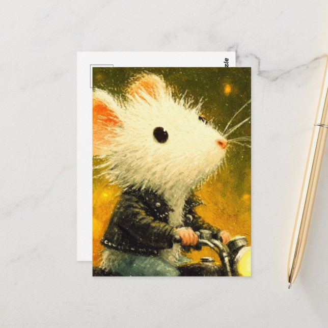 Adorable White Mouse riding a Motorcycle in Black Postcard (Front/Back In Situ)
