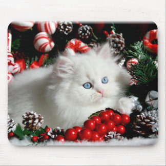 Adorable White Persian in Christmas setting Mouse Pad