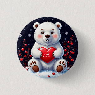 Adorable White Polar Bear Cub Holding a Red Heart 1 Inch Round Button