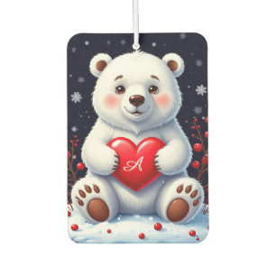 Adorable White Polar Bear Cub Holding a Red Heart Air Freshener