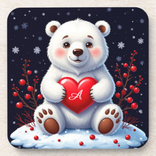 Adorable White Polar Bear Cub Holding a Red Heart Coaster