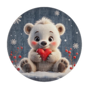 Adorable White Polar Bear Cub Holding a Red Heart Cutting Board
