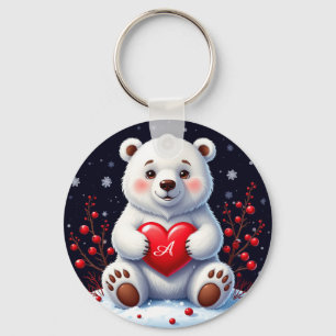 Adorable White Polar Bear Cub Holding a Red Heart Keychain