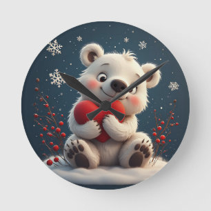 Adorable White Polar Bear Cub Holding a Red Heart Round Clock