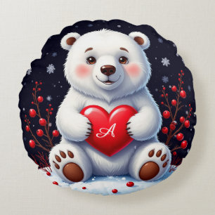 Adorable White Polar Bear Cub Holding a Red Heart Round Pillow