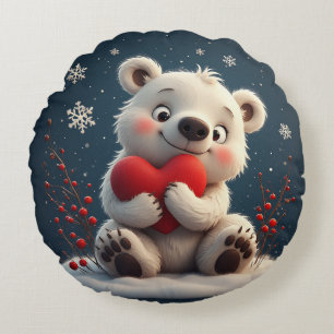 Adorable White Polar Bear Cub Holding a Red Heart Round Pillow