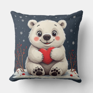 Adorable White Polar Bear Cub Holding a Red Heart Throw Pillow