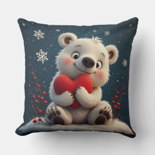 Adorable White Polar Bear Cub Holding a Red Heart Throw Pillow