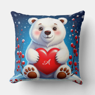 Adorable White Polar Bear Cub Holding a Red Heart Throw Pillow