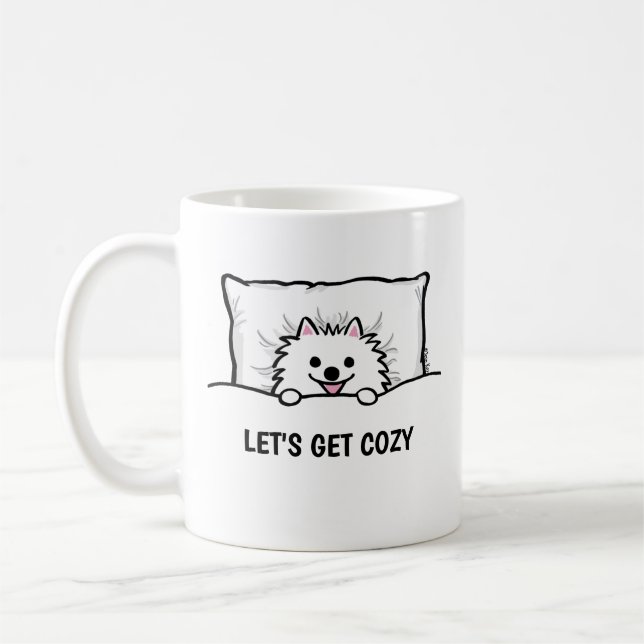 Adorable White Pomeranian Let's Get Cozy Coffee Mug (Left)