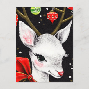 Adorable White Reindeer with Big Red Bow Postcard