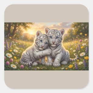 Adorable White Tiger Cubs – Sweet Friendship Gift  Square Sticker